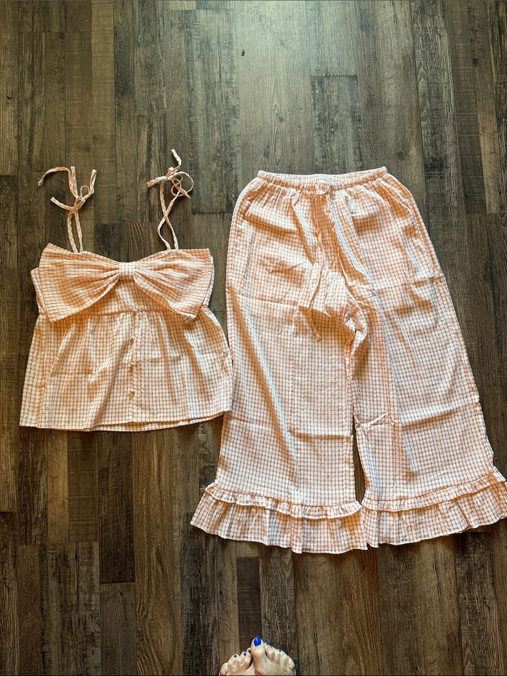 Peach Gingham Tie-Shoulder Set - Soft Two-Piece Loungewear